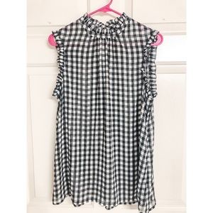 Black & white gingham ruffle neck blouse